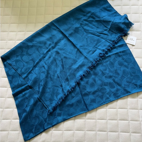 Coach Women’s Teal Patterned Scarf - Signature C Wrap - Picture 1 of 4